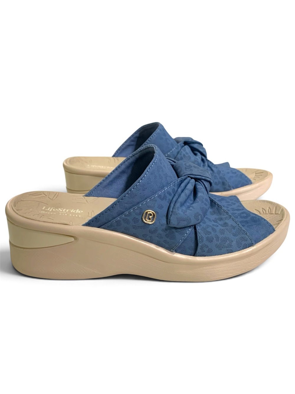 Life Stride Blue Knotted Slide Mules with Beige Wedge Sole